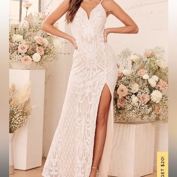 Dresses | Destined For Romance Beige And White Sequin Maxi Dress | Poshmark